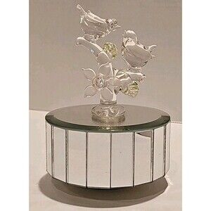 5" Vintage Linden Music Box Mirrored Hand Blown Glass Lovebirds Plays Evergreen
